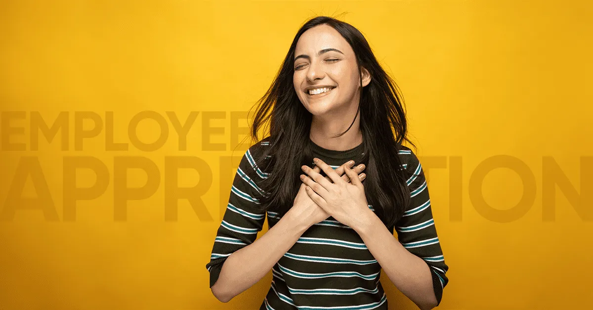 A joyful woman smiling with her eyes closed, hands clasped over her heart against a vibrant yellow background with the words 